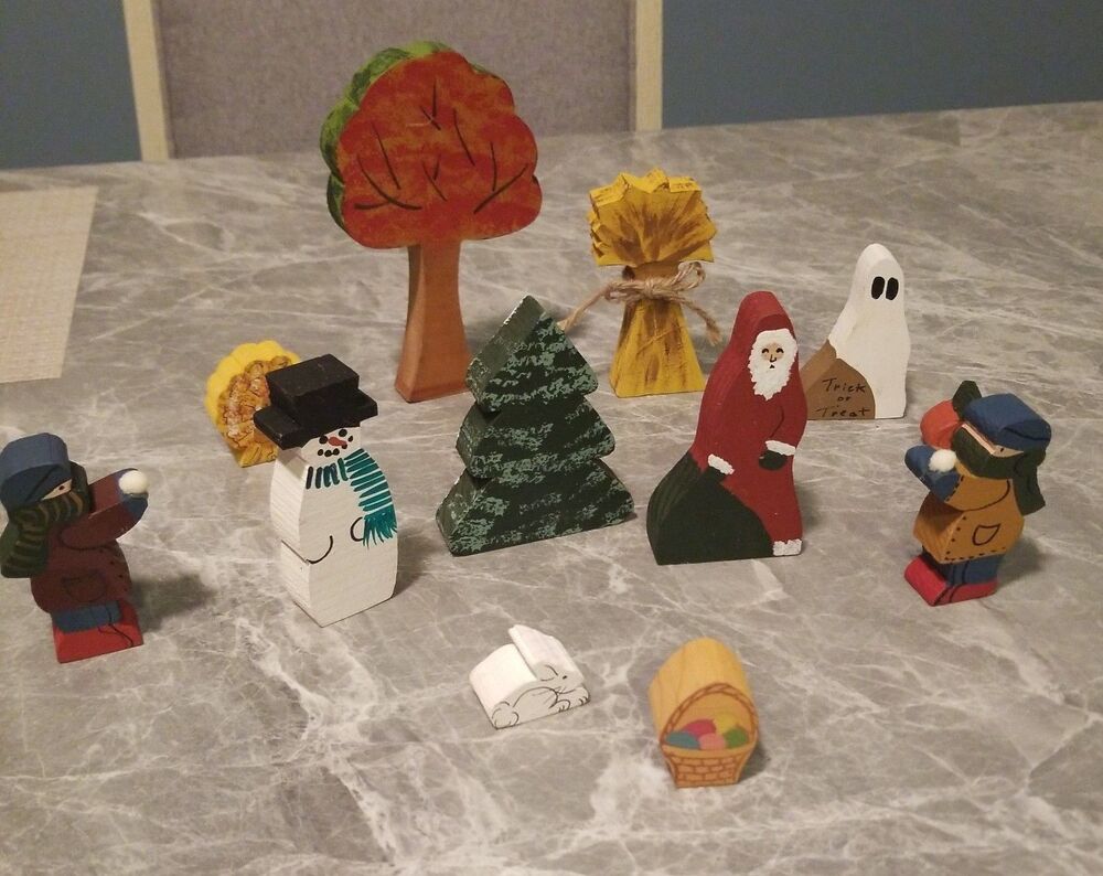 Vintage Hand-Painted Wooden Seasonal Holiday Figurines – Christmas, Halloween, E